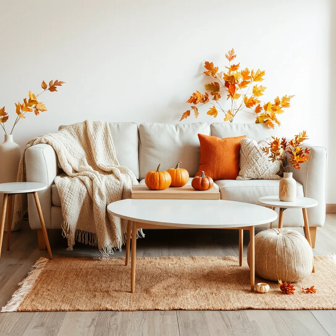 Cozy fall living room with warm-toned pillows, pumpkins, and candlelight accents.