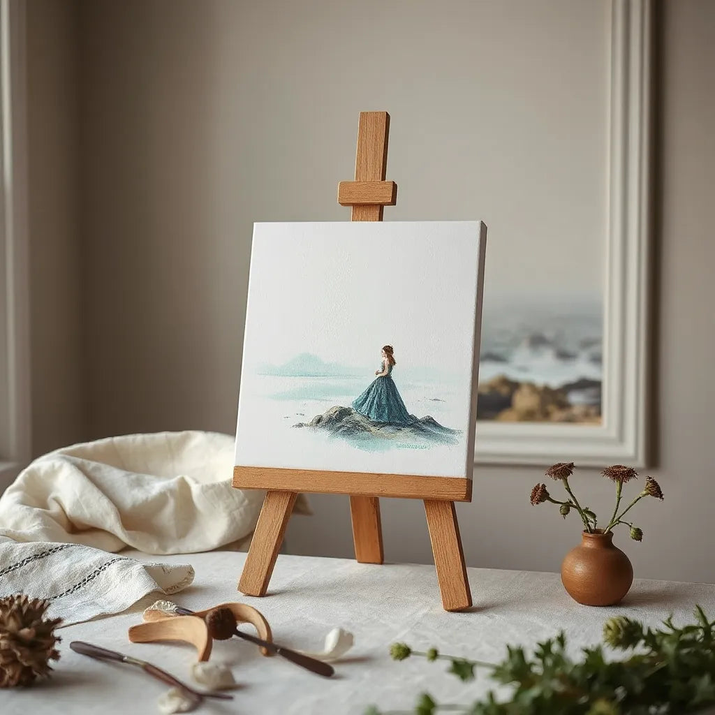 Handcrafted canvas showing a Cornish legend-inspired figure with a misty coastal backdrop and warm window light