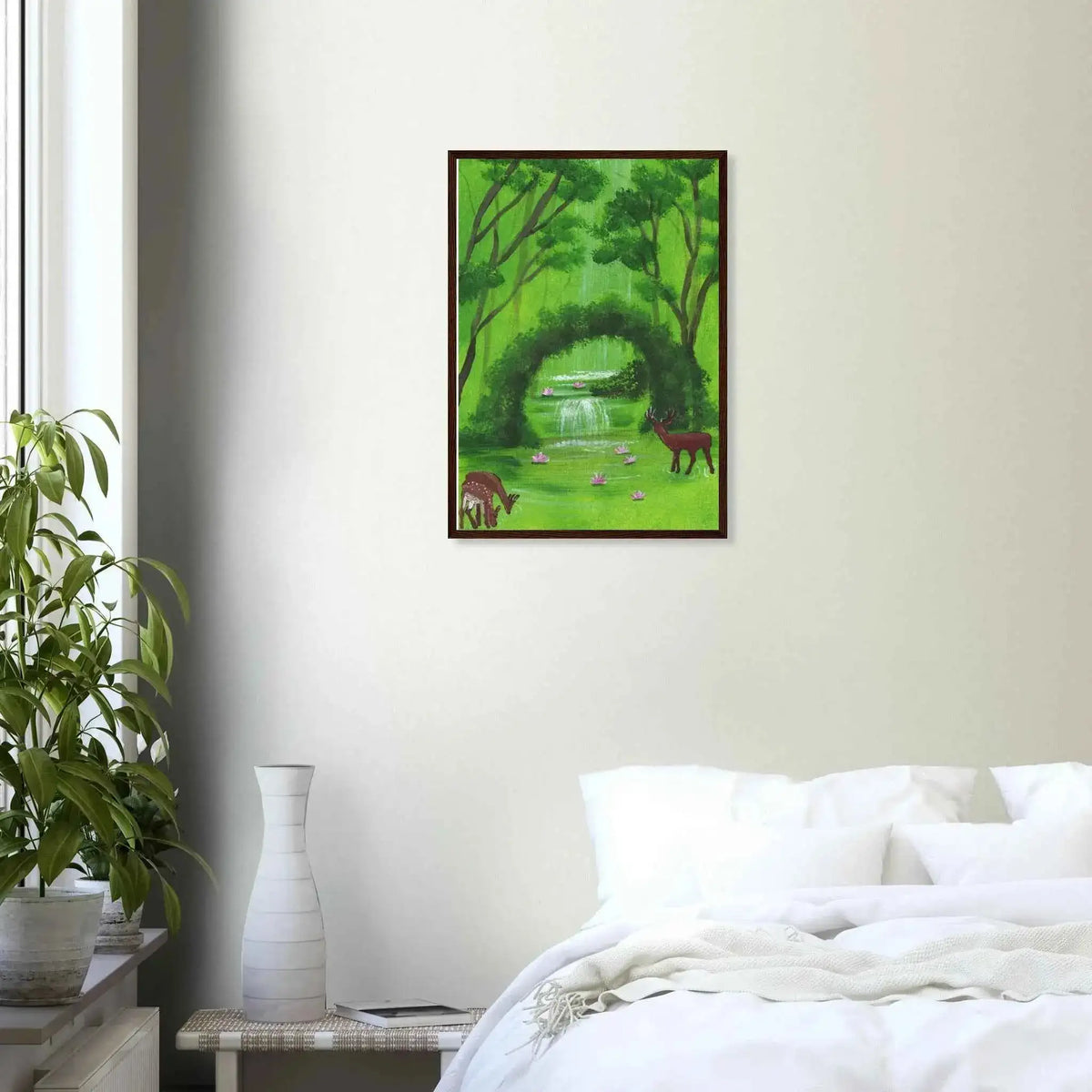 Green Woodland Waterfall and Deer Framed Fine Art Poster - Nature Inspired Wall Decor