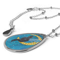 Oval Necklace — Midnight Cat on Crescent Moon Teardrop Pendant - The Sleepy Easel
