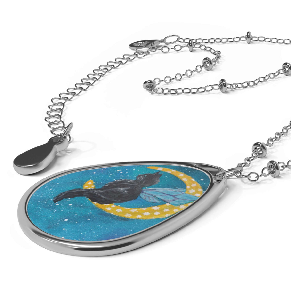 Oval Necklace — Midnight Cat on Crescent Moon Teardrop Pendant - The Sleepy Easel
