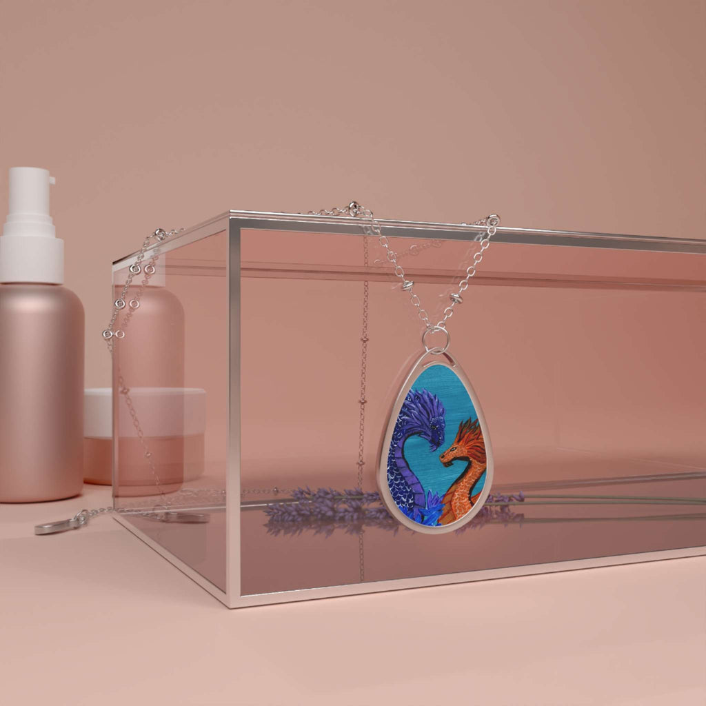 Dragon Heart Oval Necklace – Blue & Orange Fantasy Pendant - The Sleepy Easel