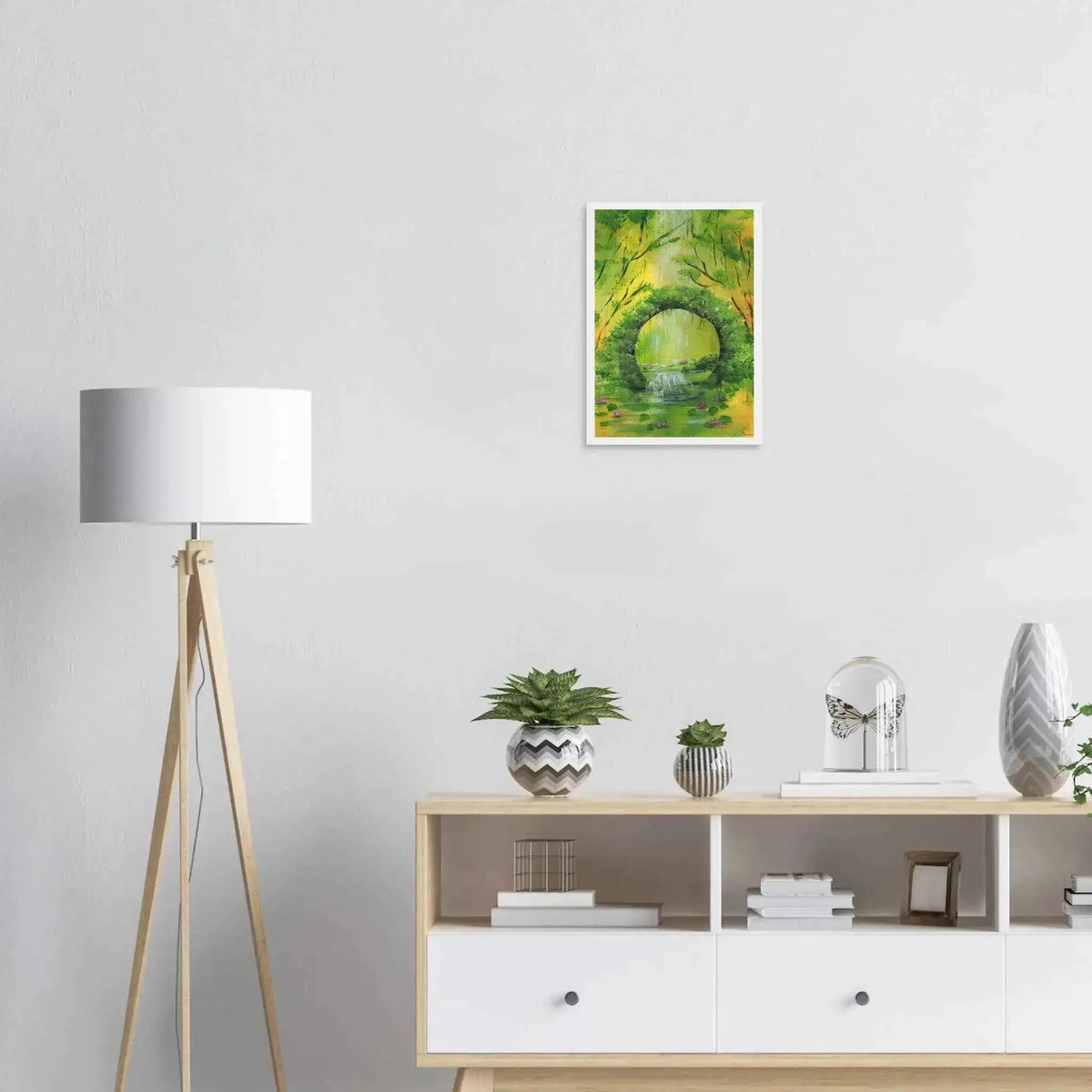Green Woodland Waterfall Framed Fine Art Poster – Acrylic Landscape Print