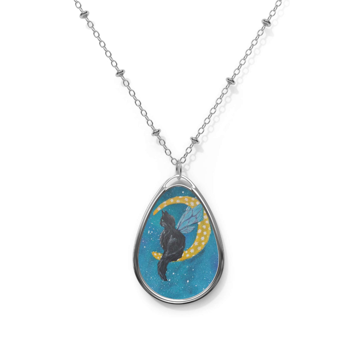 Oval Necklace — Midnight Cat on Crescent Moon Teardrop Pendant - The Sleepy Easel
