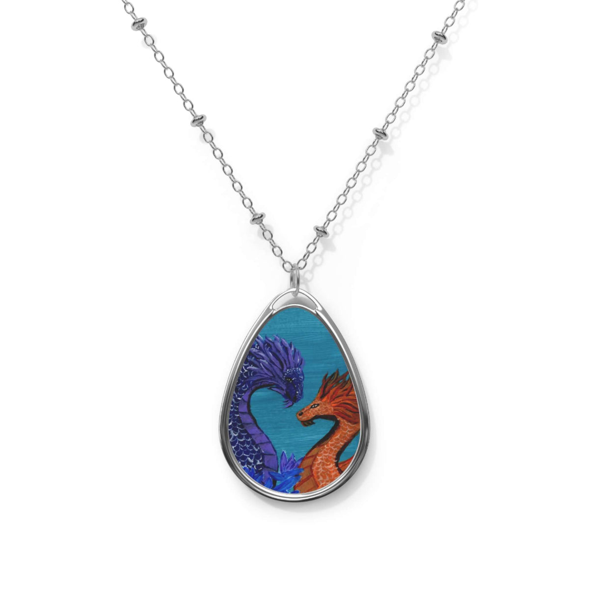 Dragon Heart Oval Necklace – Blue & Orange Fantasy Pendant - The Sleepy Easel
