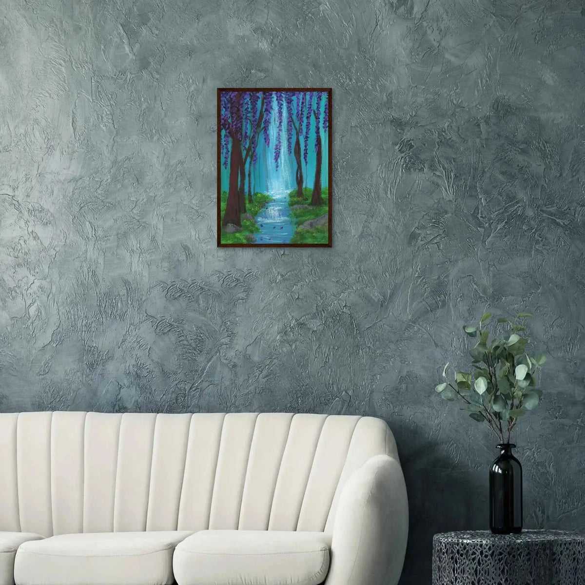 Whimsical Woodland Waterfall and Wisteria Fine Art Framed Poster