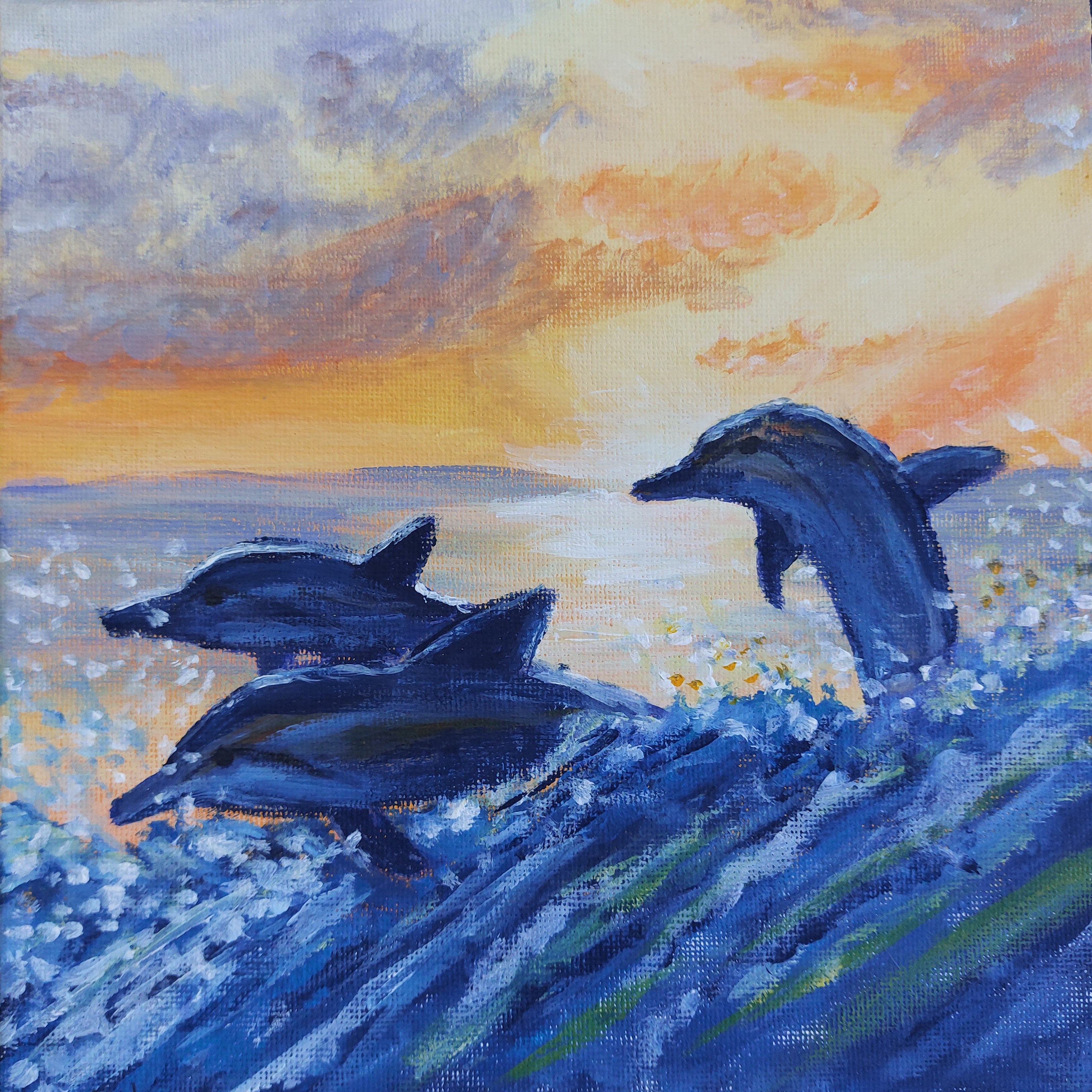 Original Acrylic Painting On Canvas Sunset Dolphin Signed 20cmx20cm