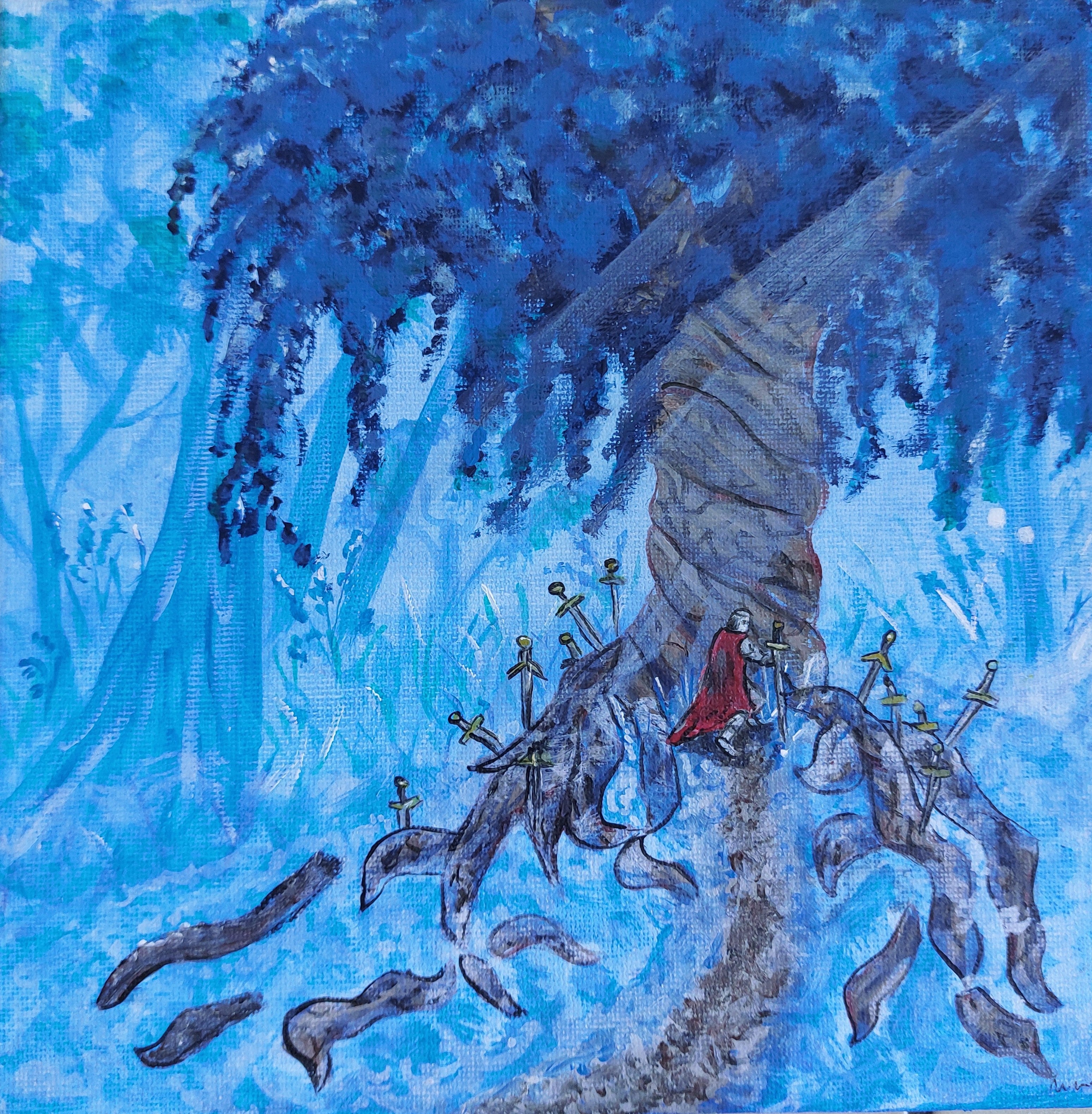 Original Acrylic Painting On Canvas The Lonely Knight Signed 20cmx20cm