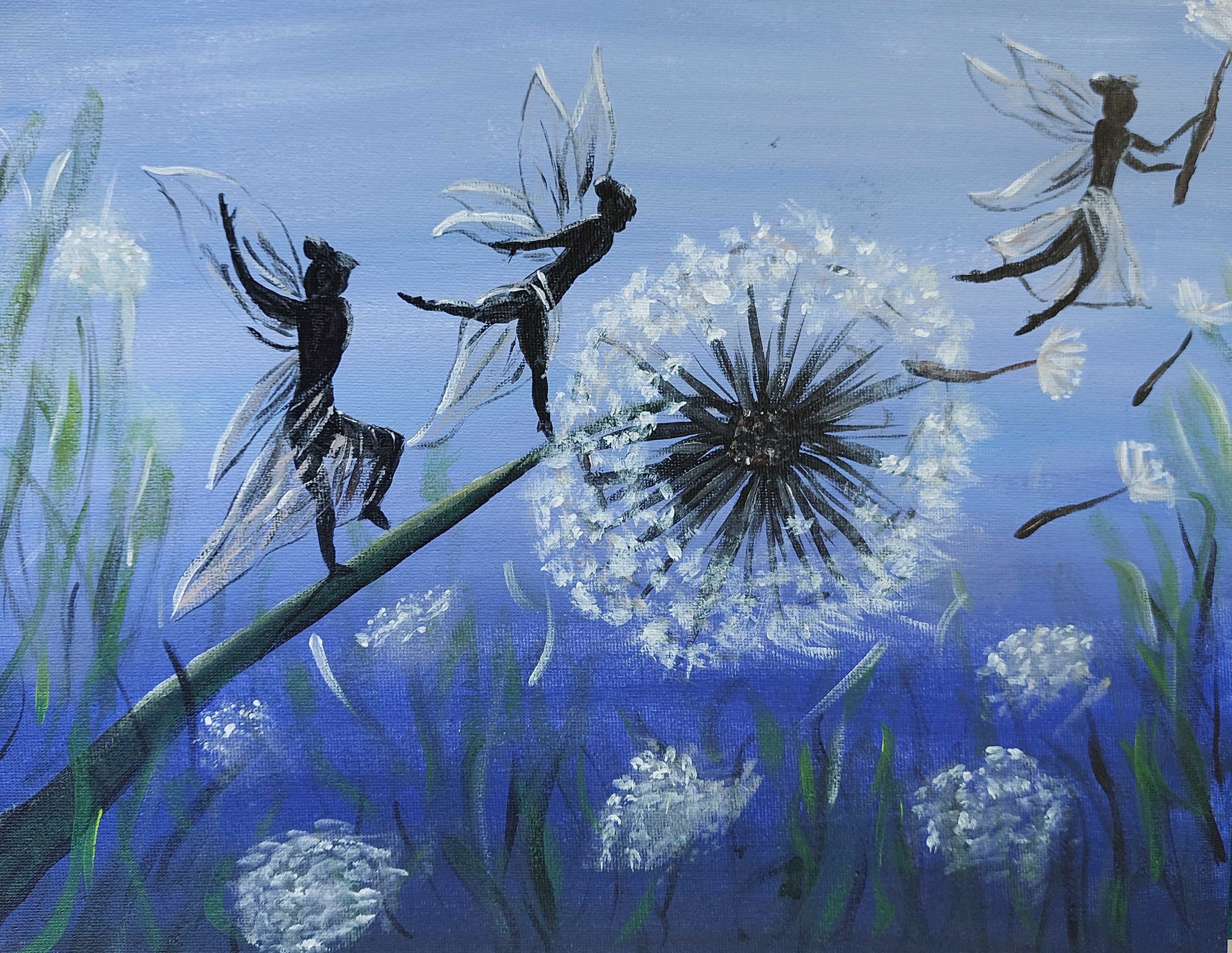 Original Acrylic Painting On Canvas Dandelion Faries Signed 35.5x28cm