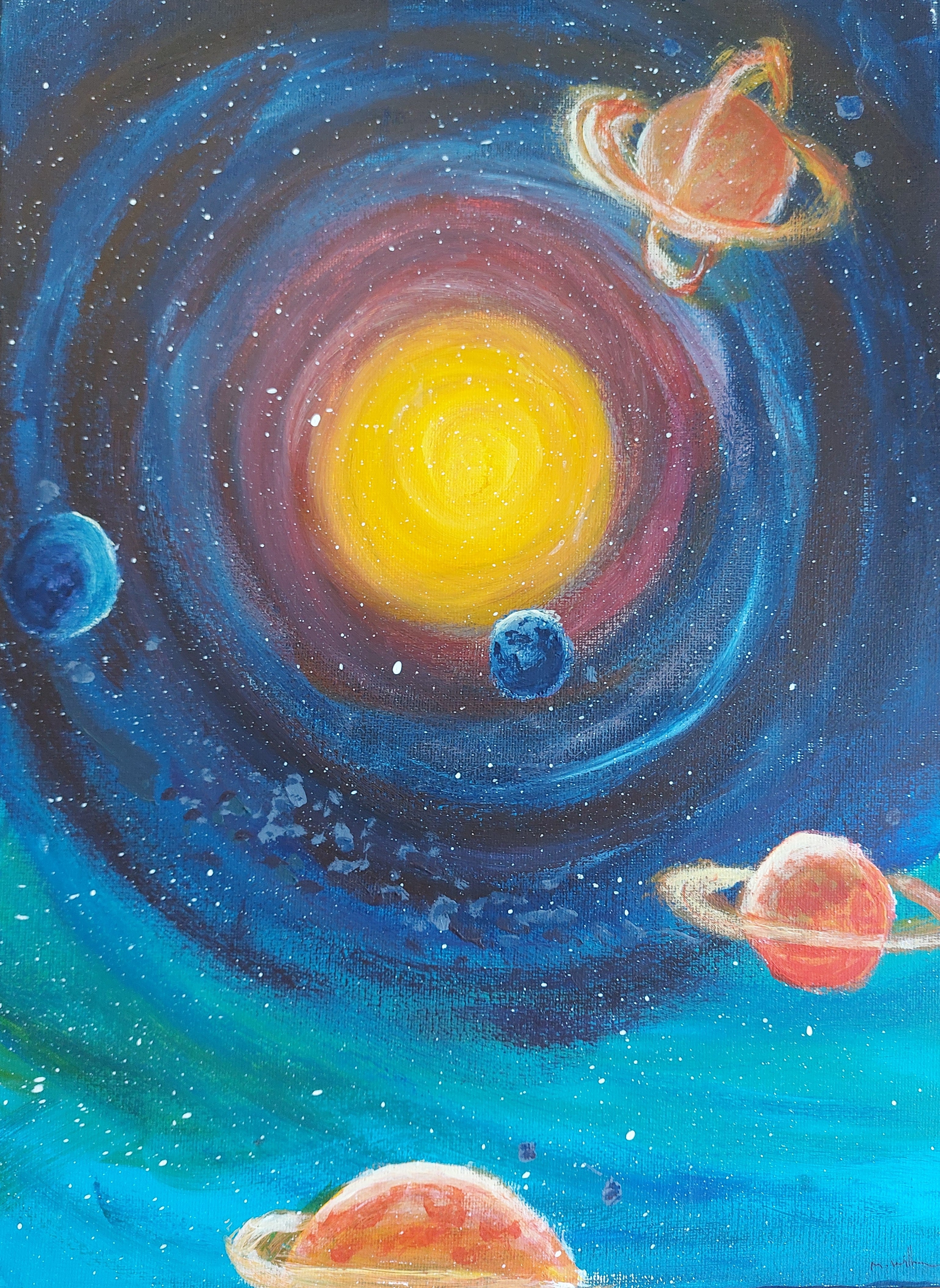 Original Acrylic Painting On Canvas Galaxy Sun Signed 40cmx30cm