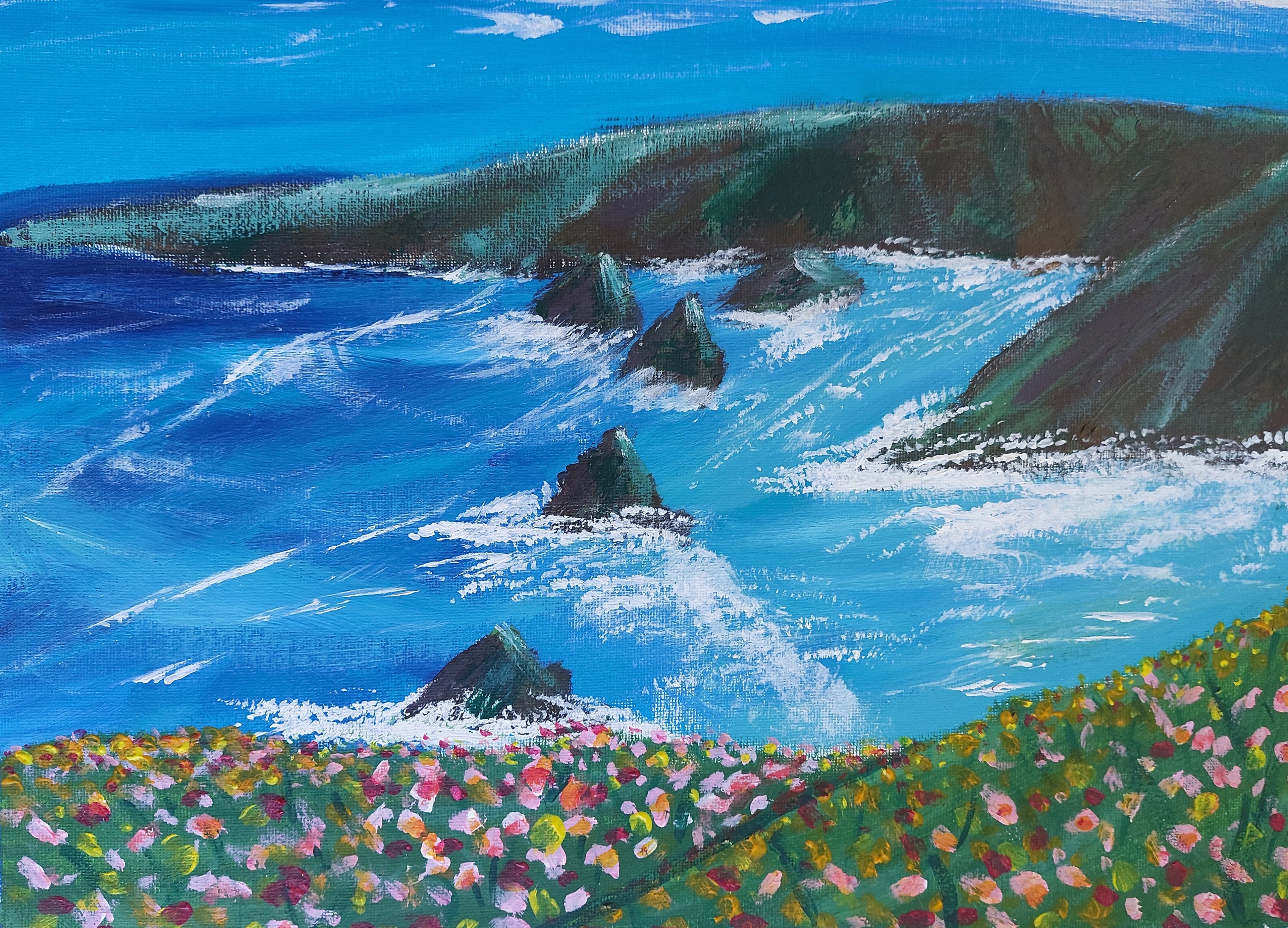 Original Acrylic Painting On Canvas Cornish Seascape Signed 40cmx30cm