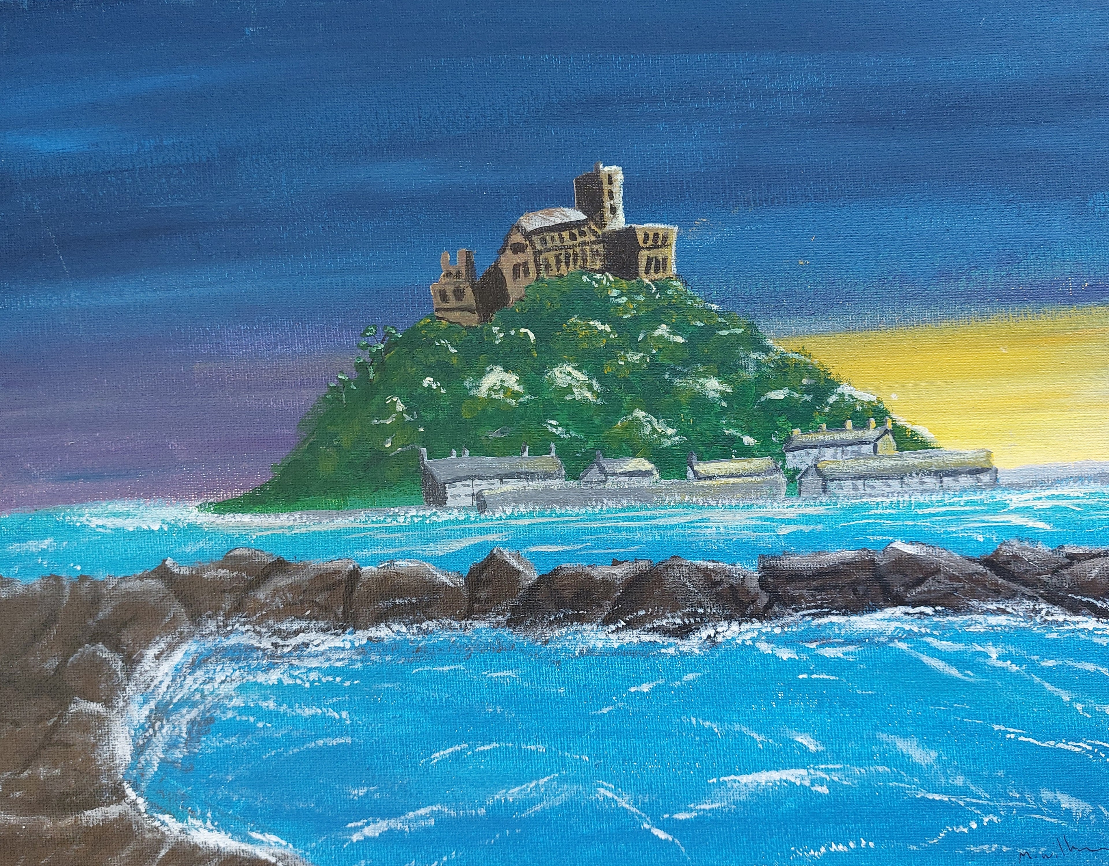 Original Acrylic Painting On Canvas St Micheals Mount Cornwall Signed 35.5x28cm