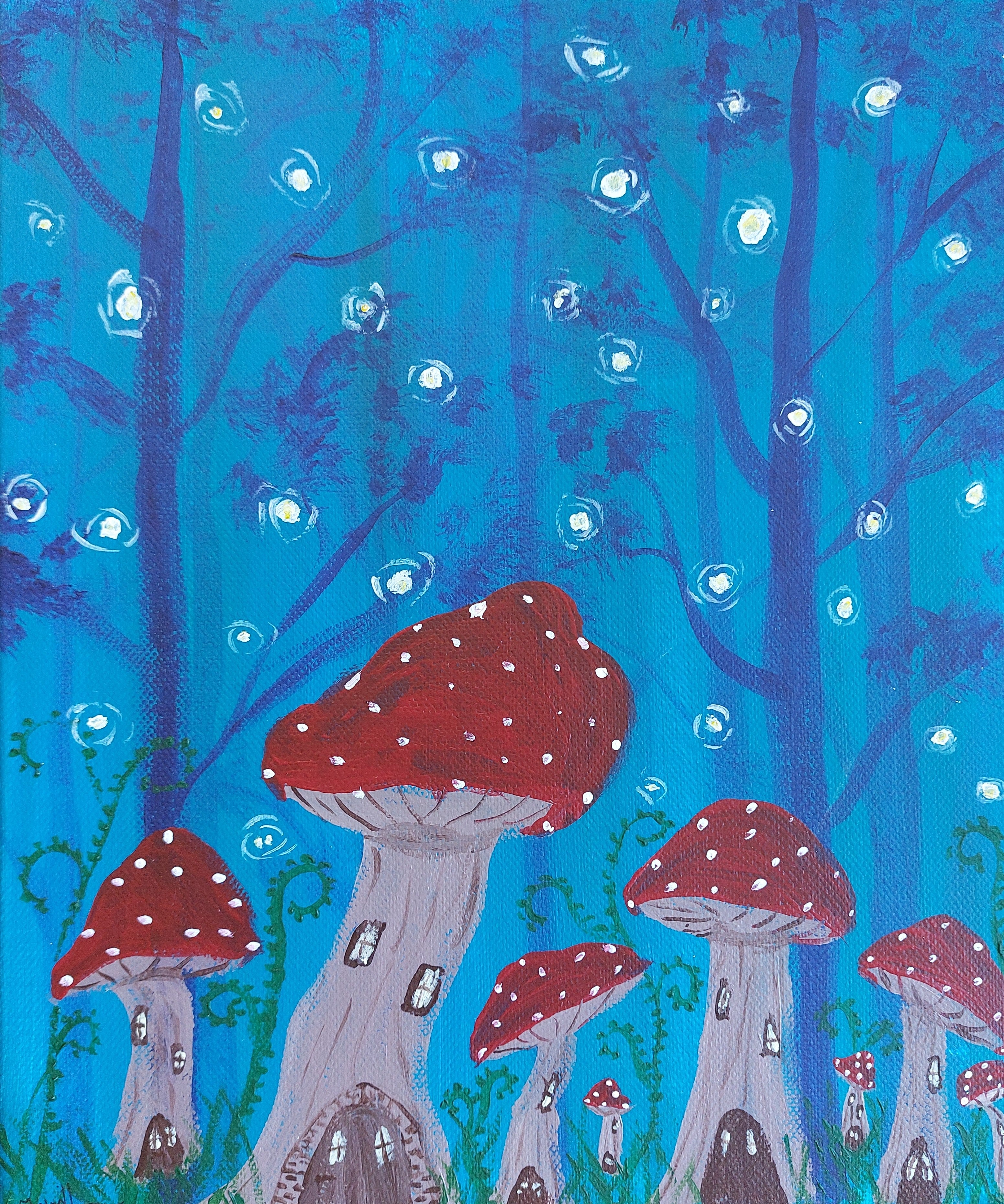 Original Acrylic Painting On Canvas Mystic Mushroom Forest 30cmx28cm Signed