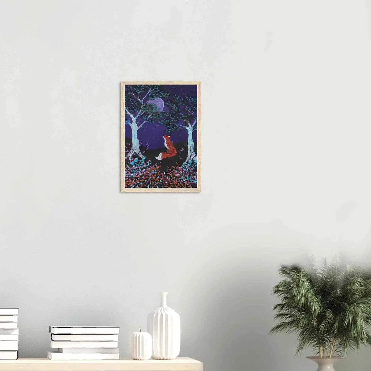 Whimsical Fox and Moon Framed Fine Art Poster - Nature-Inspired Wall Decor