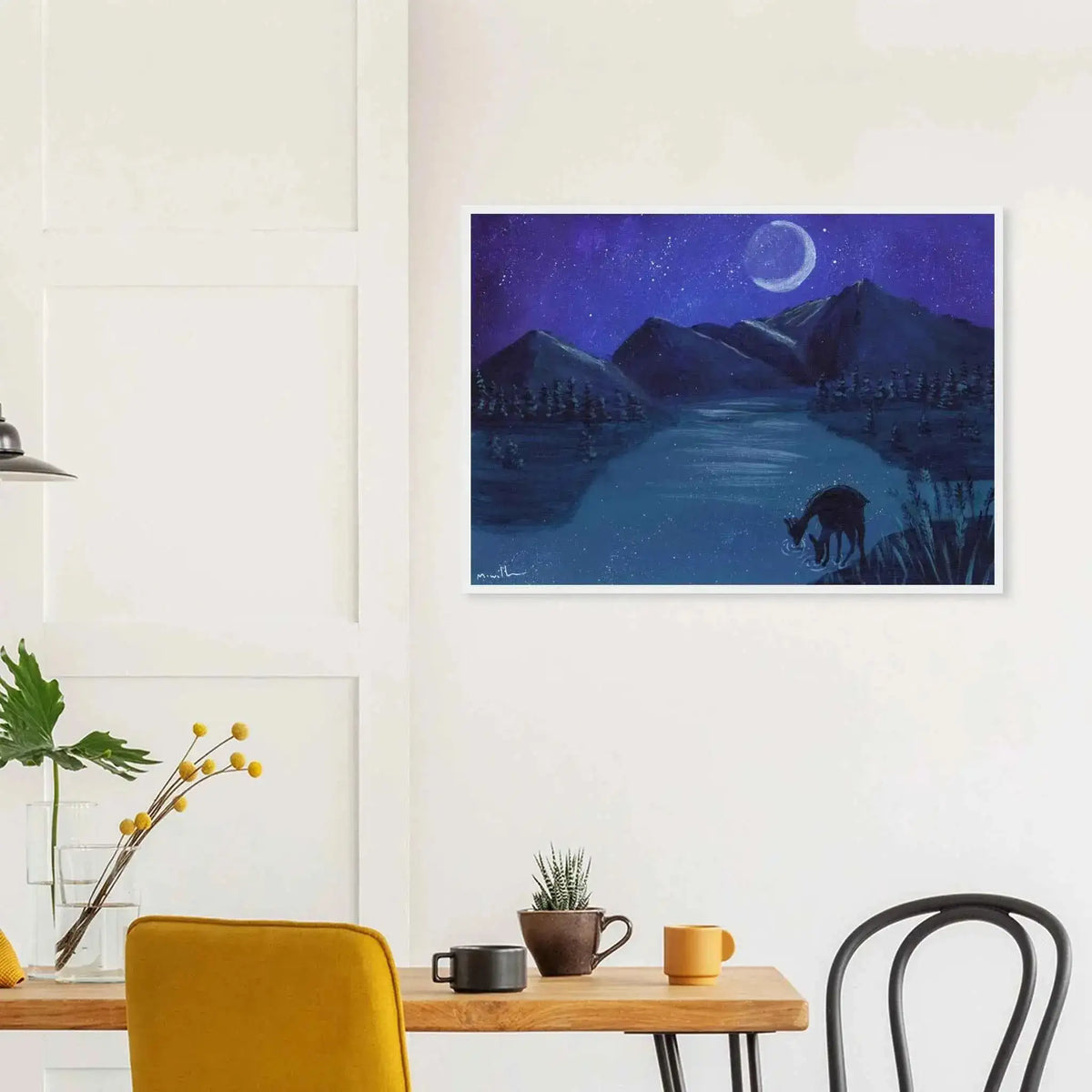 Deer by Moonlit Water - Fine Art Framed Poster
