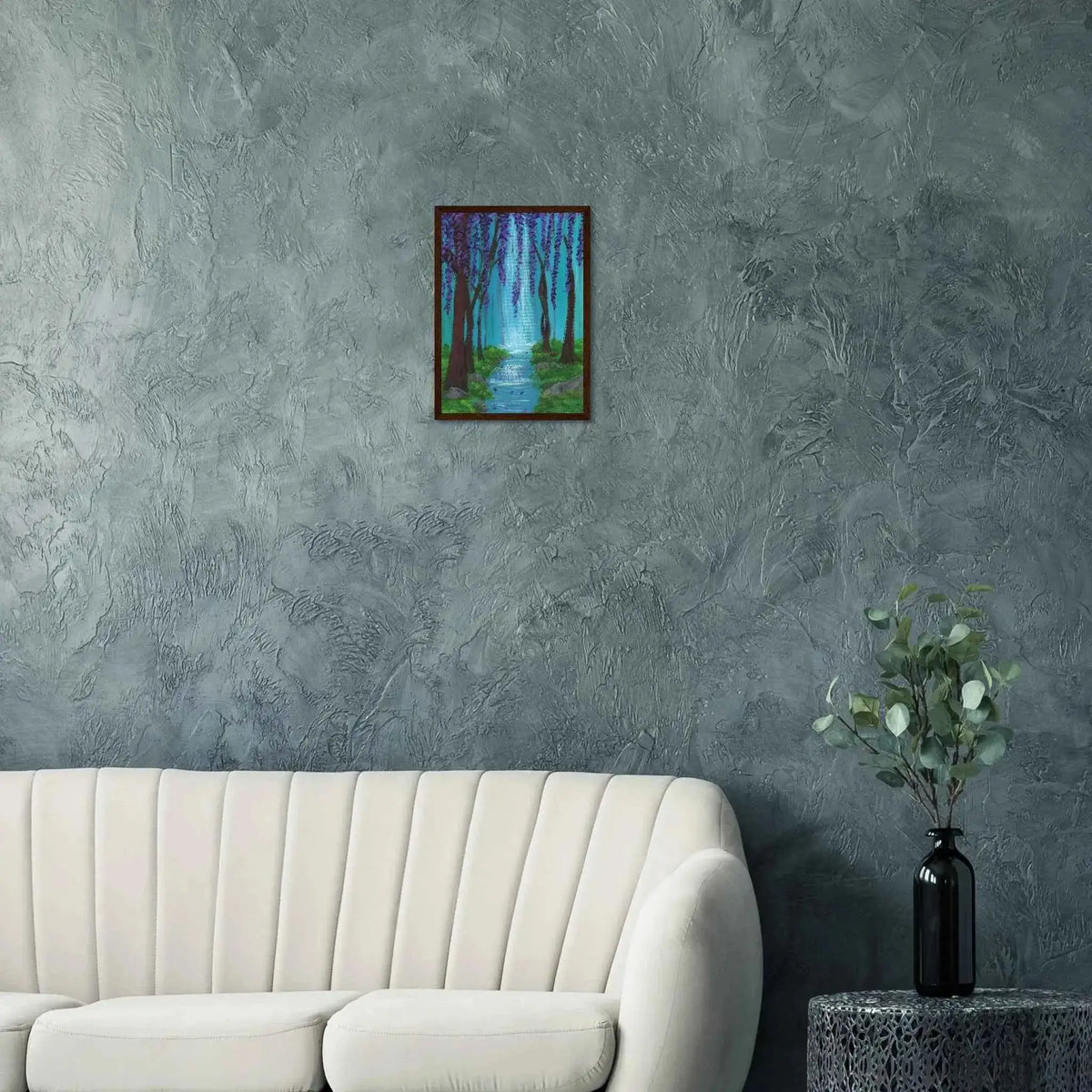Whimsical Woodland Waterfall and Wisteria Fine Art Framed Poster