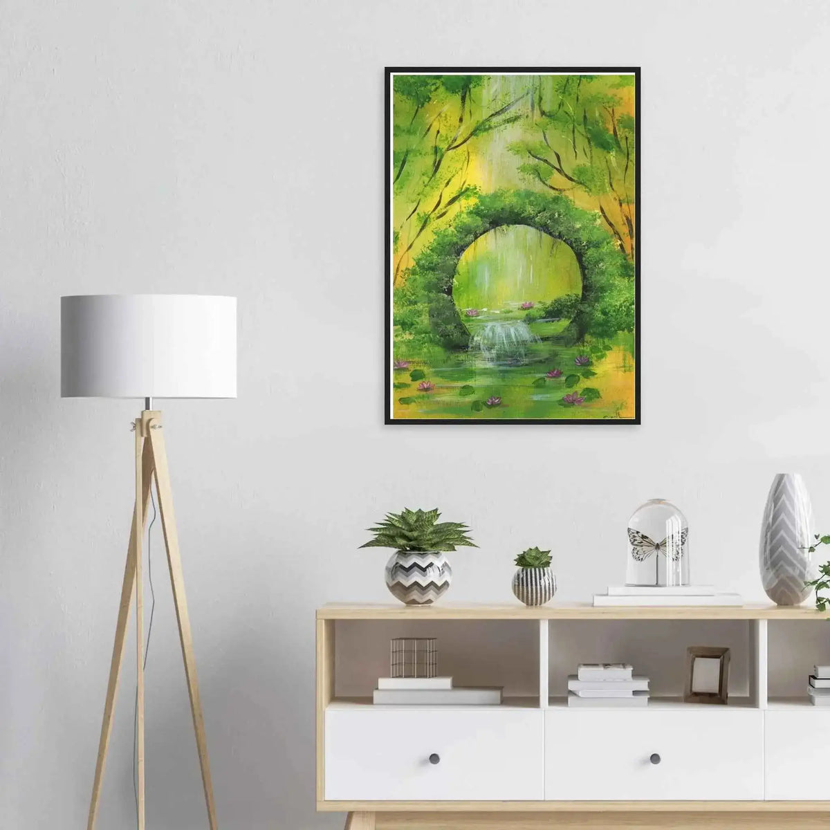 Green Woodland Waterfall Framed Fine Art Poster – Acrylic Landscape Print