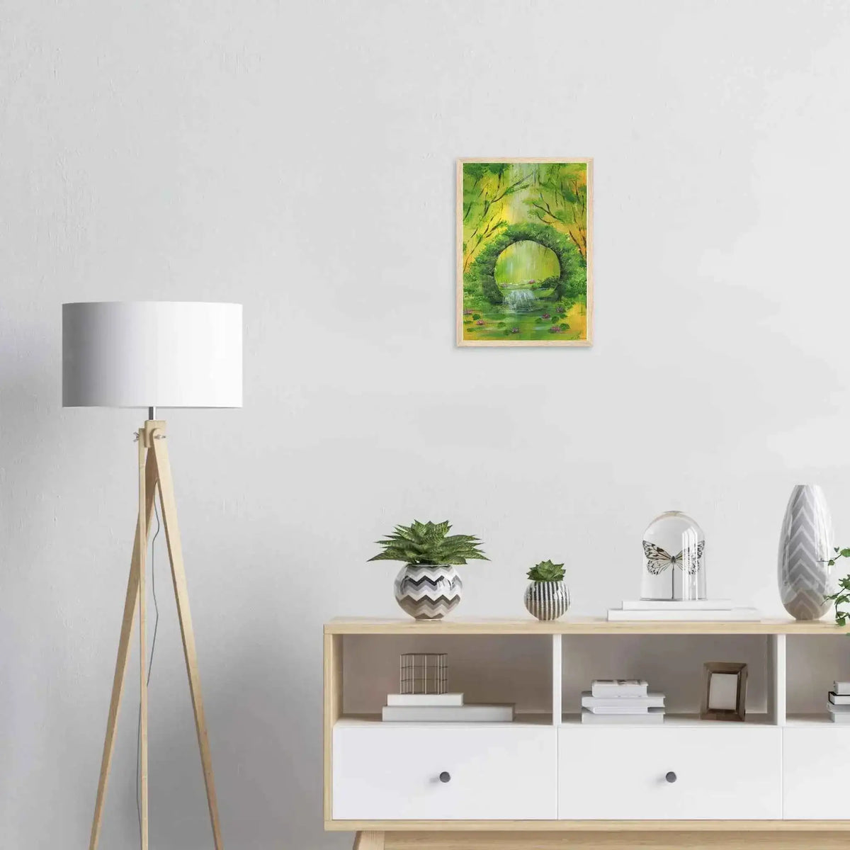 Green Woodland Waterfall Framed Fine Art Poster – Acrylic Landscape Print