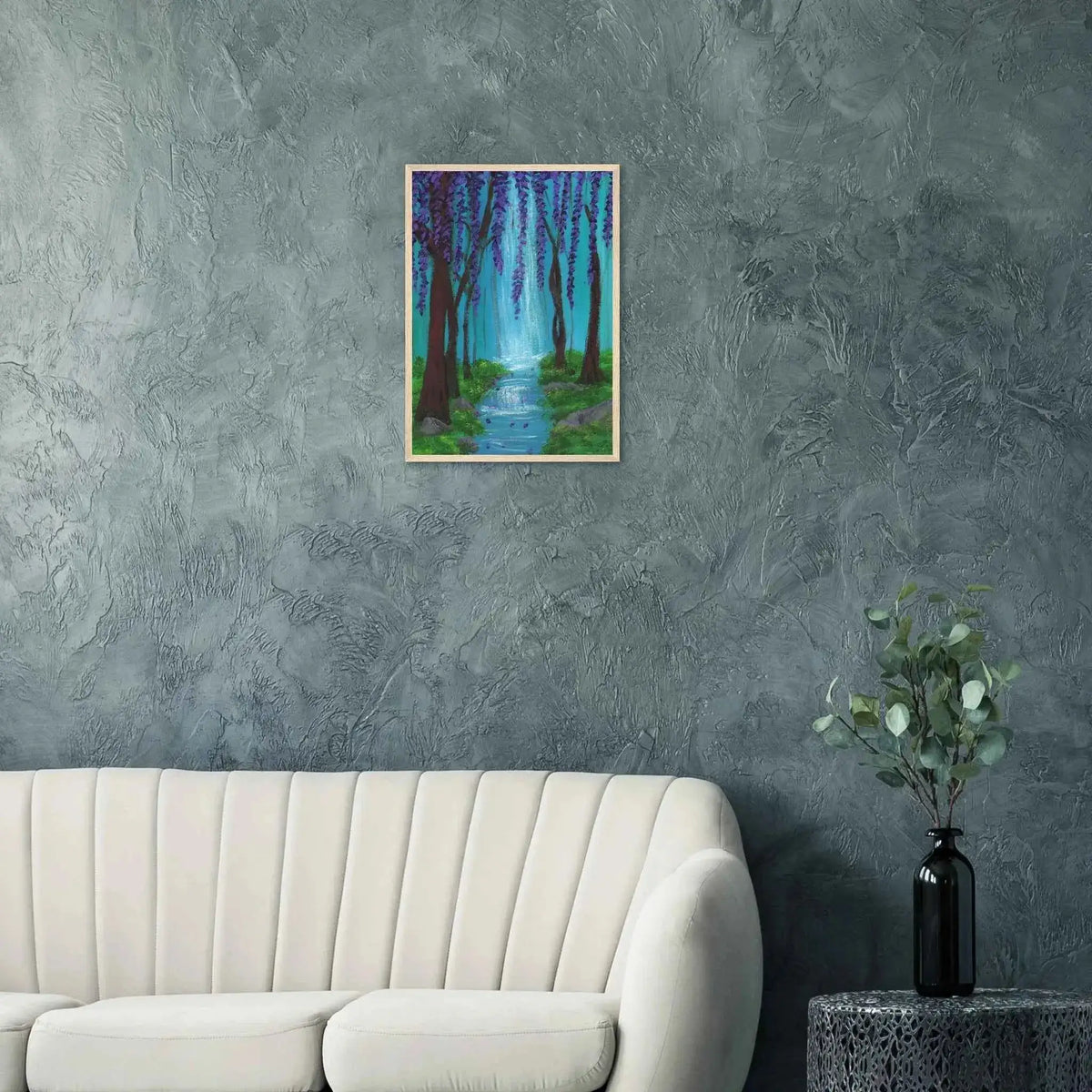 Whimsical Woodland Waterfall and Wisteria Fine Art Framed Poster