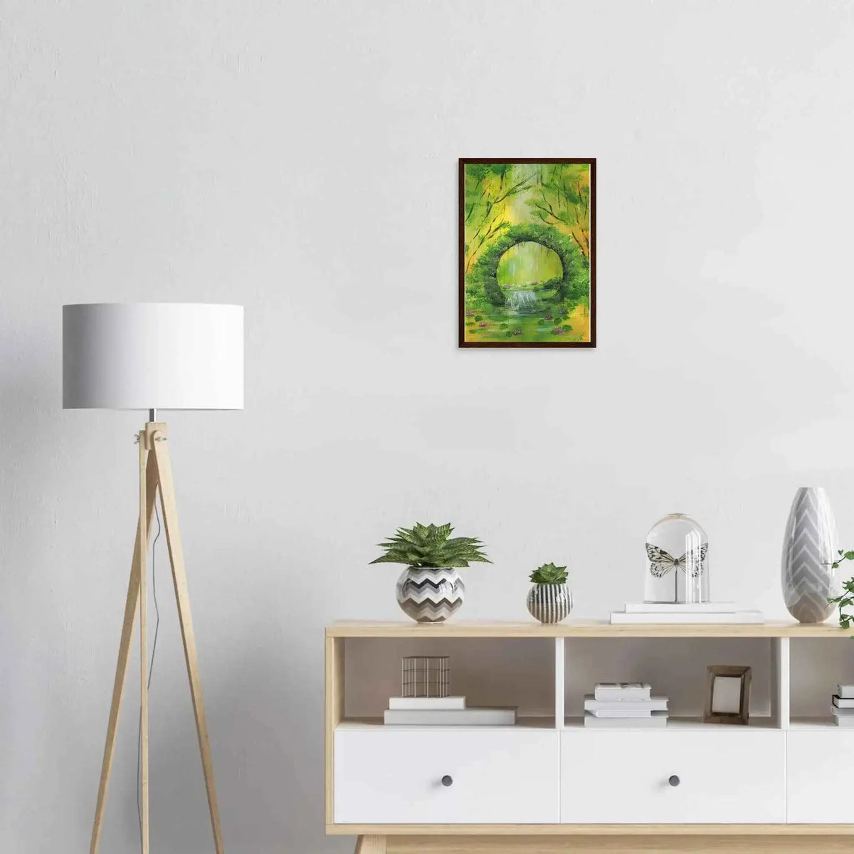 Green Woodland Waterfall Framed Fine Art Poster – Acrylic Landscape Print