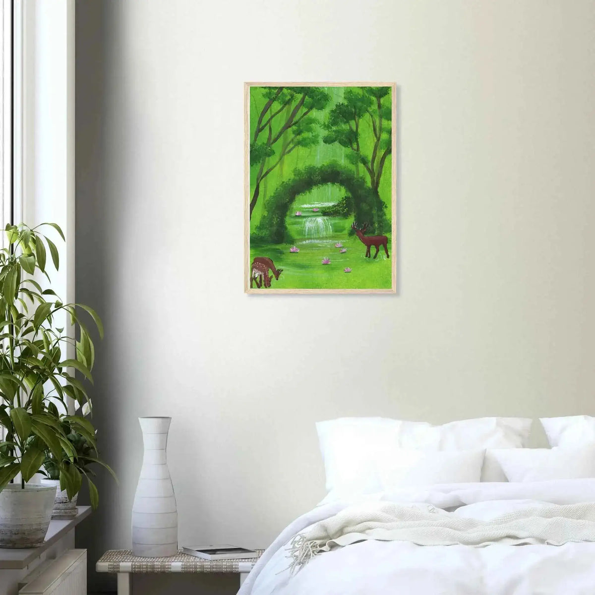 Green Woodland Waterfall and Deer Framed Fine Art Poster - Nature Inspired Wall Decor