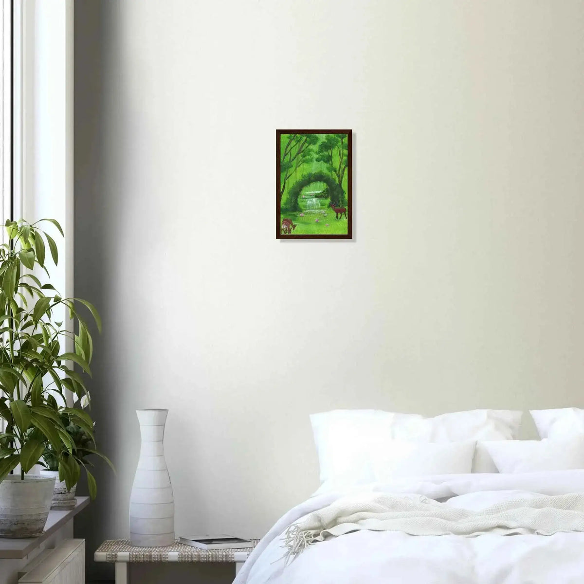 Green Woodland Waterfall and Deer Framed Fine Art Poster - Nature Inspired Wall Decor