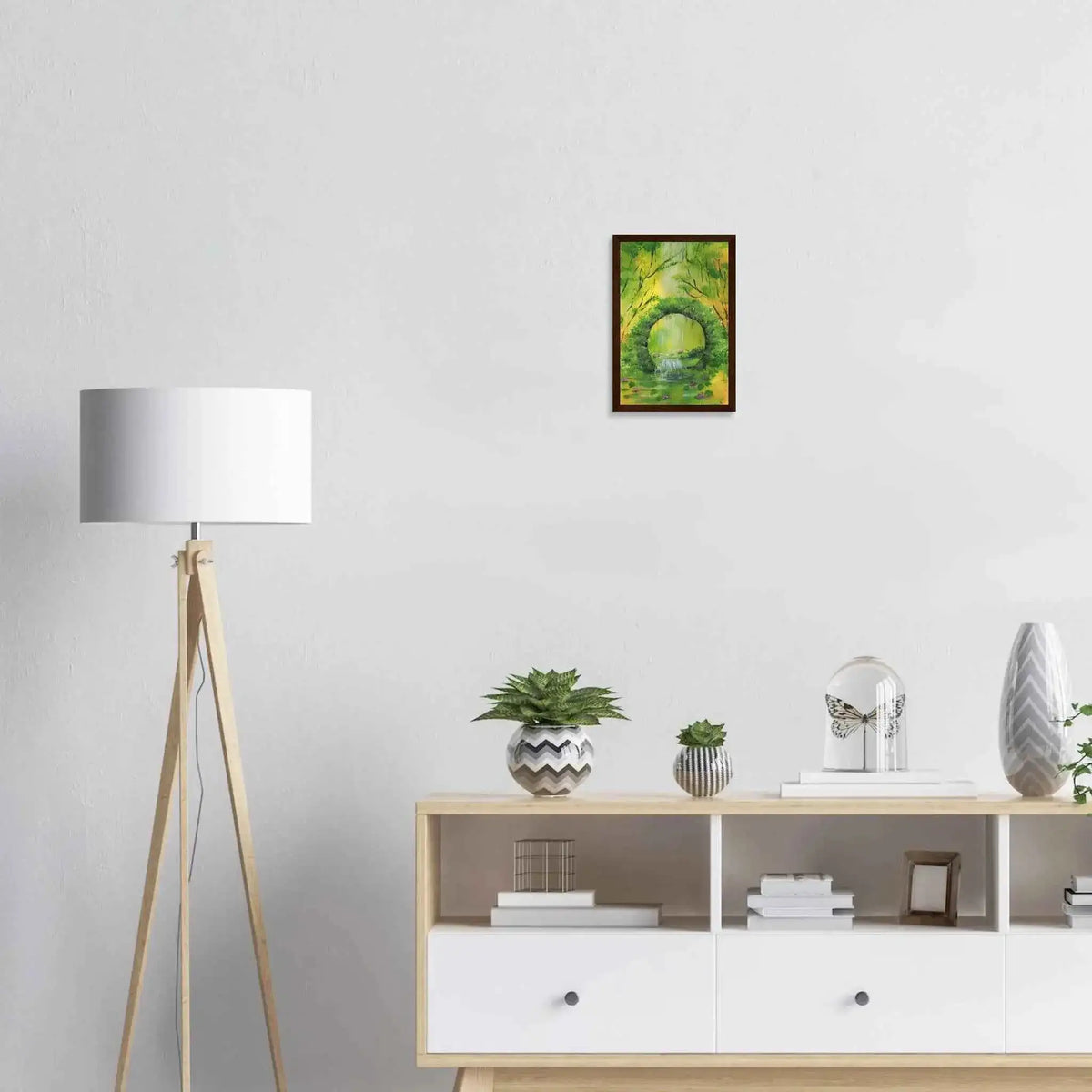 Green Woodland Waterfall Framed Fine Art Poster – Acrylic Landscape Print