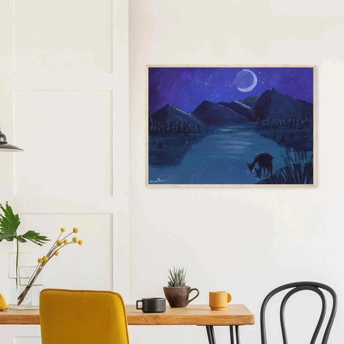 Deer by Moonlit Water - Fine Art Framed Poster