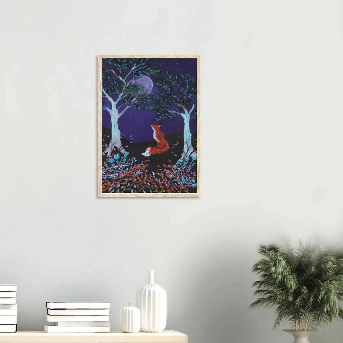 Whimsical Fox and Moon Framed Fine Art Poster - Nature-Inspired Wall Decor