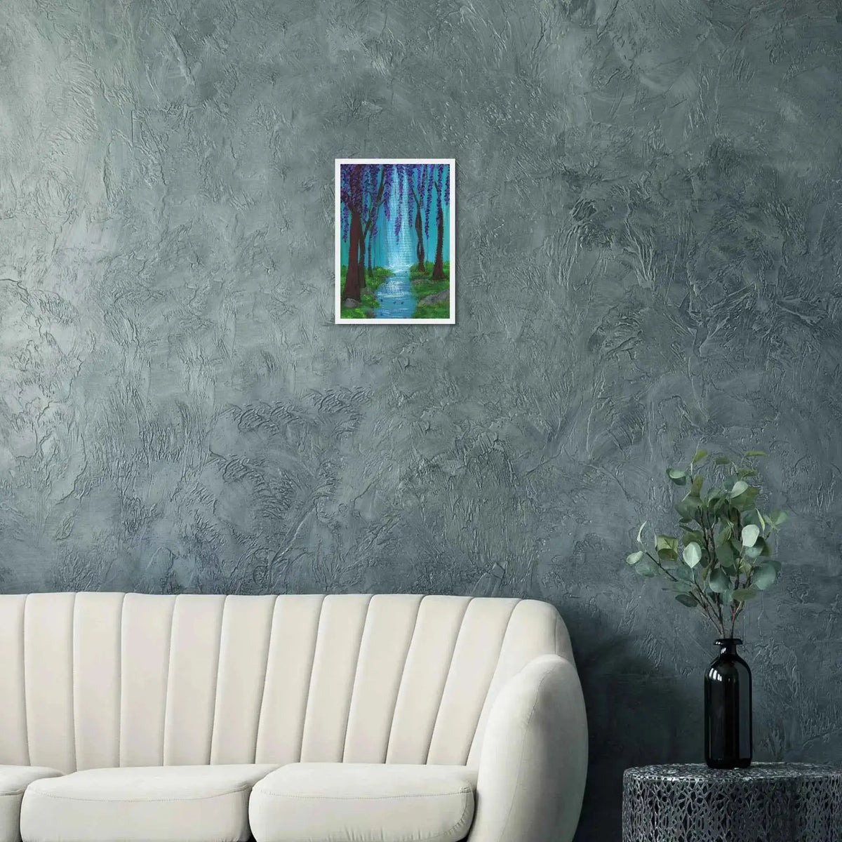 Whimsical Woodland Waterfall and Wisteria Fine Art Framed Poster