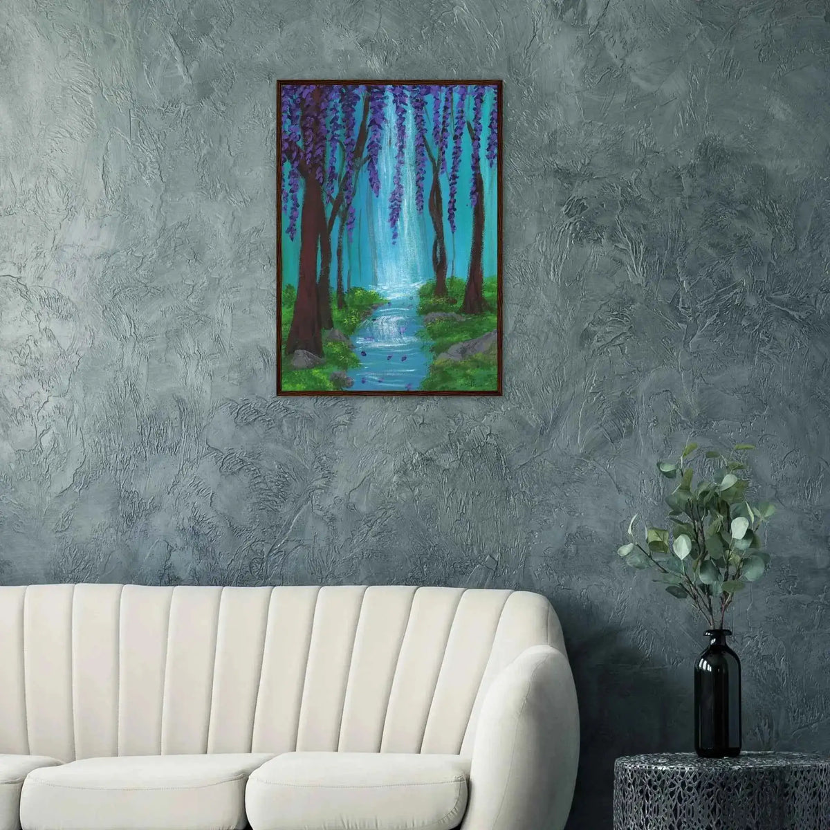 Whimsical Woodland Waterfall and Wisteria Fine Art Framed Poster