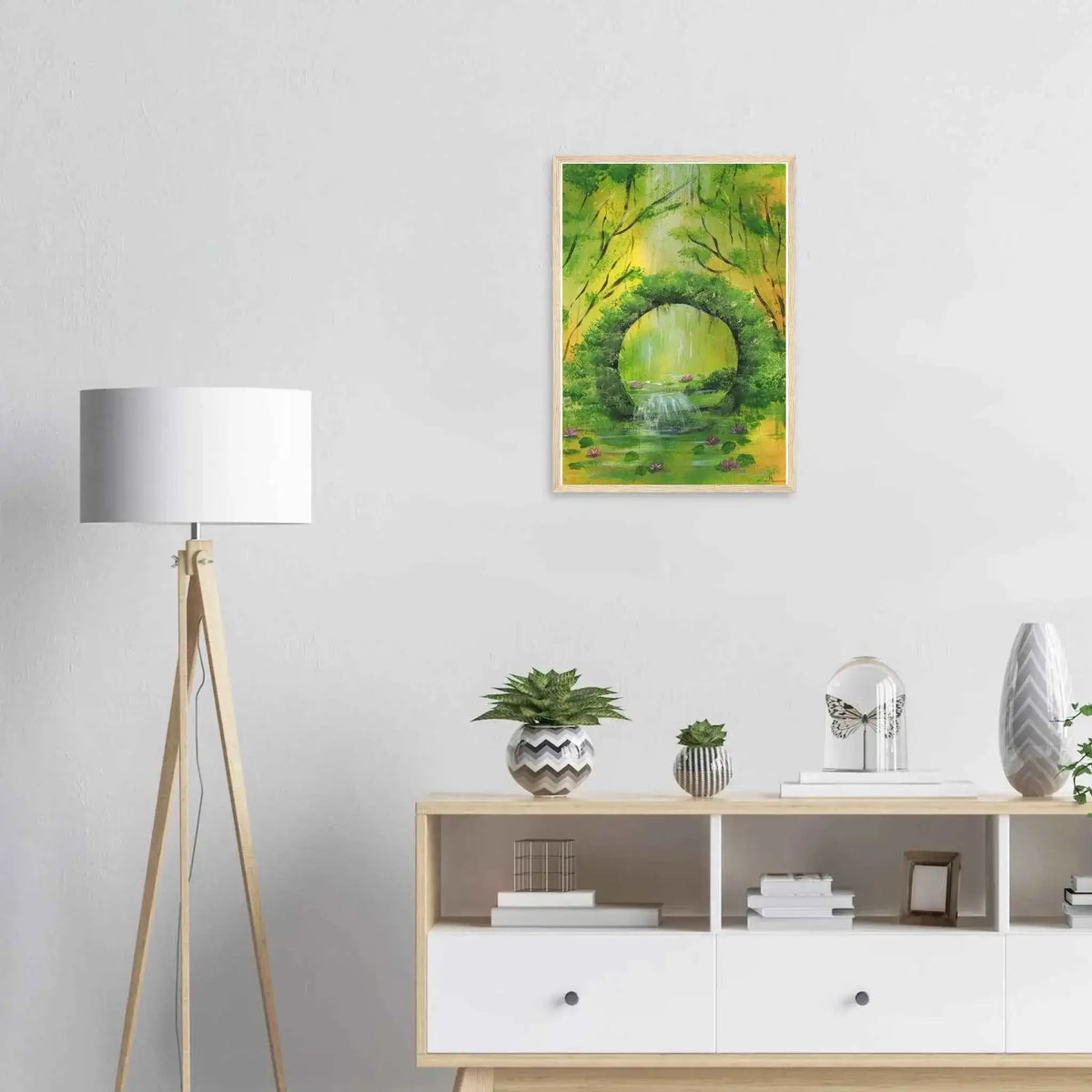 Green Woodland Waterfall Framed Fine Art Poster – Acrylic Landscape Print
