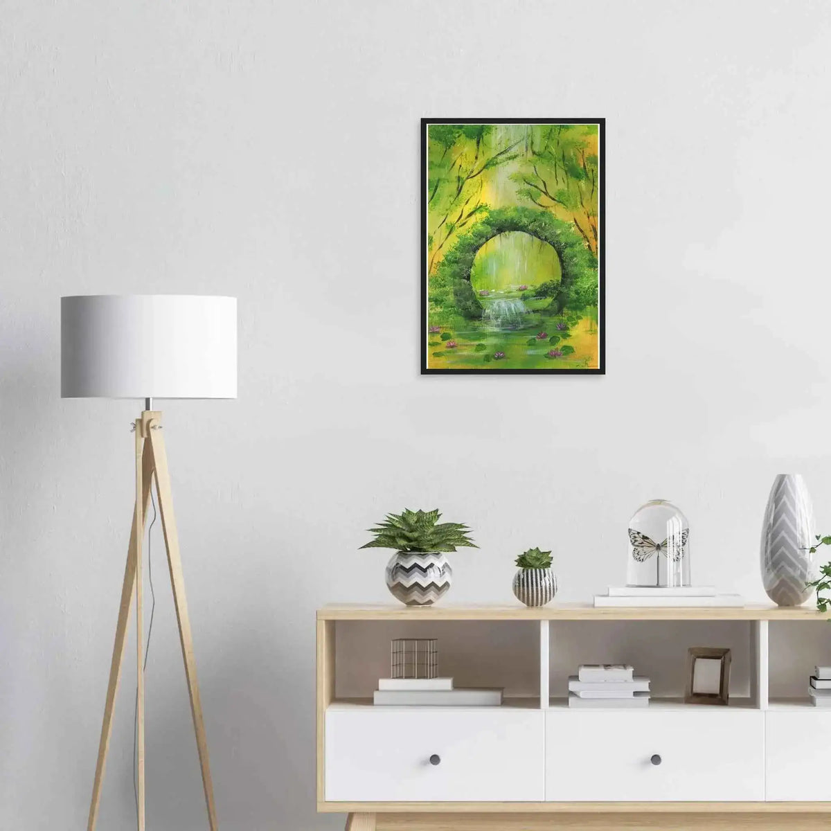 Green Woodland Waterfall Framed Fine Art Poster – Acrylic Landscape Print