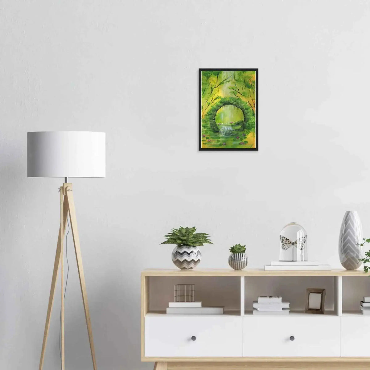 Green Woodland Waterfall Framed Fine Art Poster – Acrylic Landscape Print