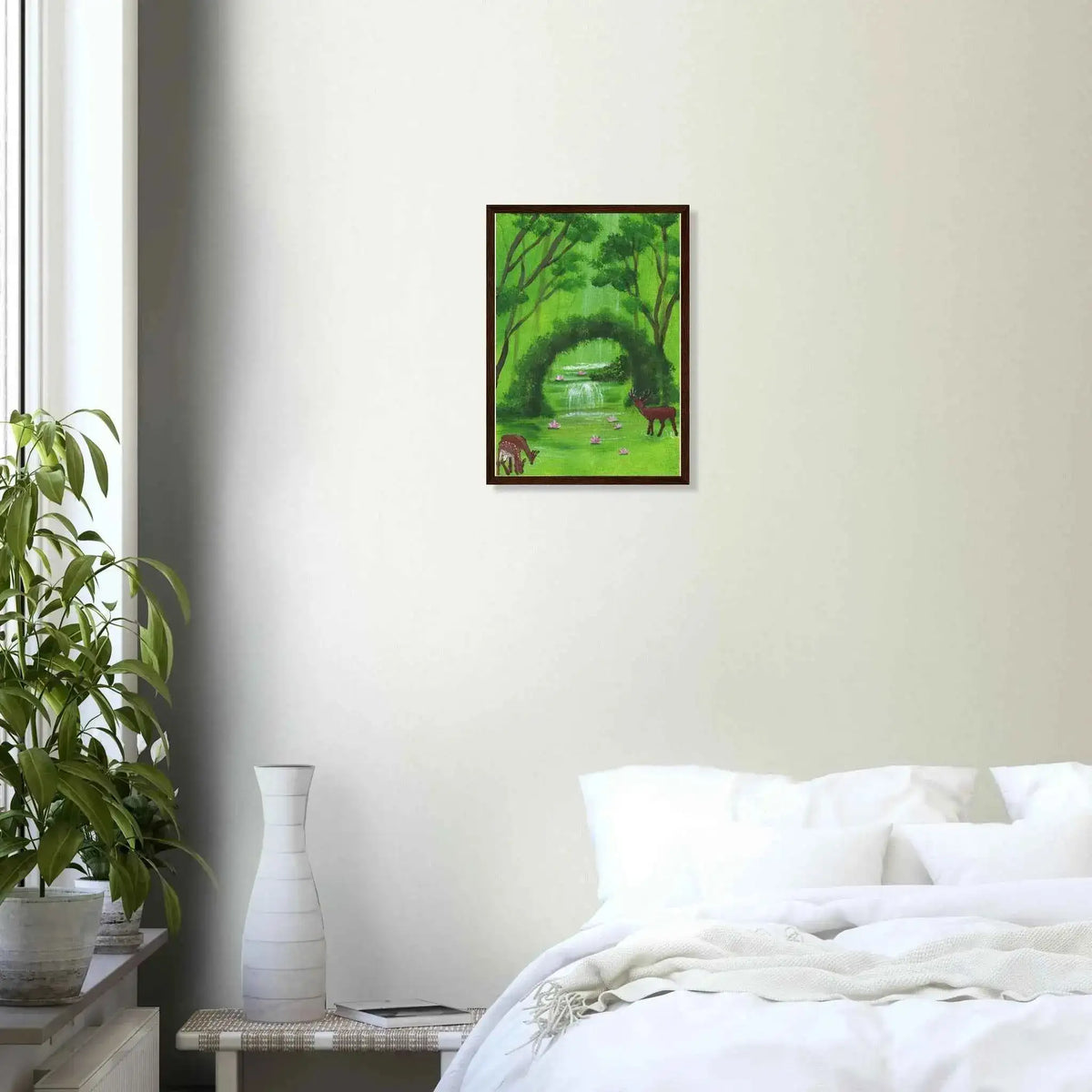 Green Woodland Waterfall and Deer Framed Fine Art Poster - Nature Inspired Wall Decor