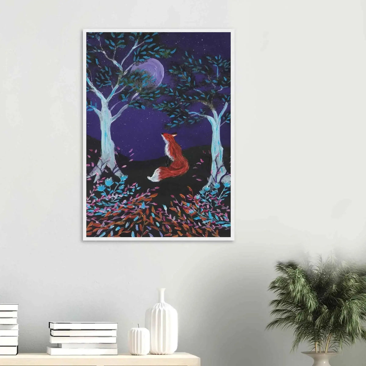 Whimsical Fox and Moon Framed Fine Art Poster - Nature-Inspired Wall Decor