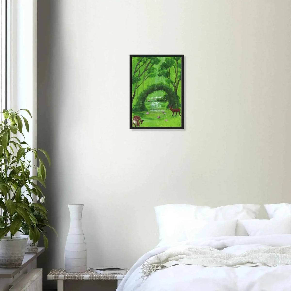 Green Woodland Waterfall and Deer Framed Fine Art Poster - Nature Inspired Wall Decor
