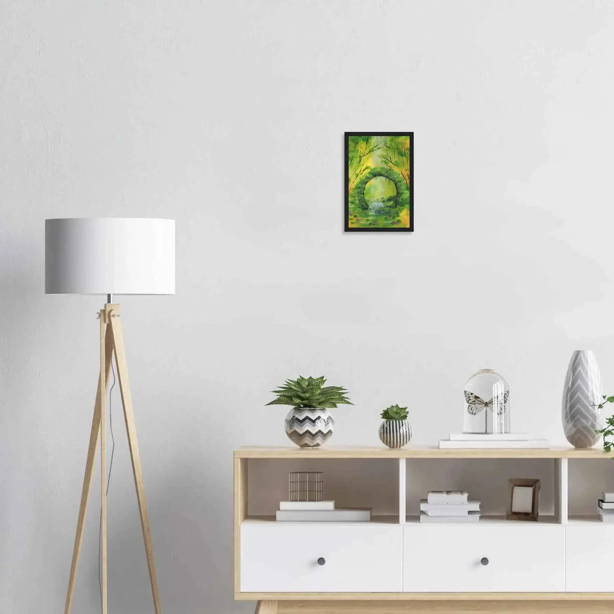 Green Woodland Waterfall Framed Fine Art Poster – Acrylic Landscape Print