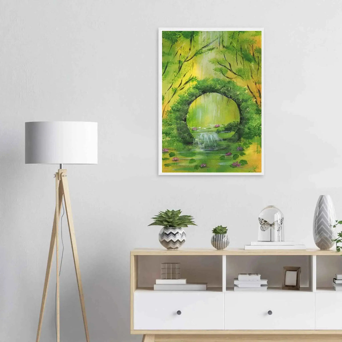 Green Woodland Waterfall Framed Fine Art Poster – Acrylic Landscape Print