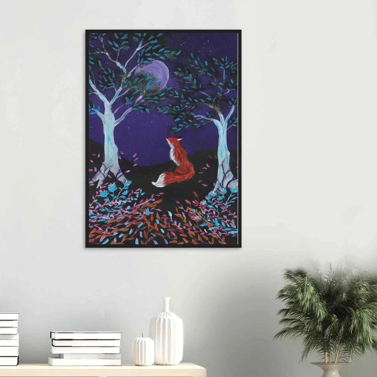 Whimsical Fox and Moon Framed Fine Art Poster - Nature-Inspired Wall Decor