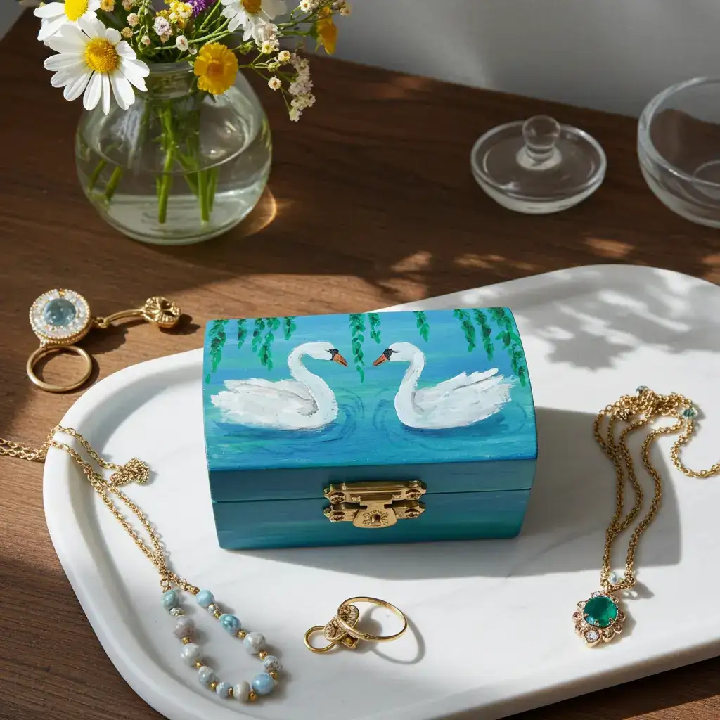 Enchanting Hand-Painted Swan Trinket Box – Romantic Turquoise Keepsake Storage The Sleepy Easel