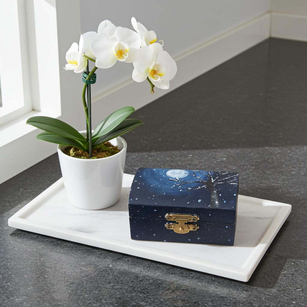 Hand-Painted Wooden Trinket Box - A Celestial Keepsake for Your Treasures
