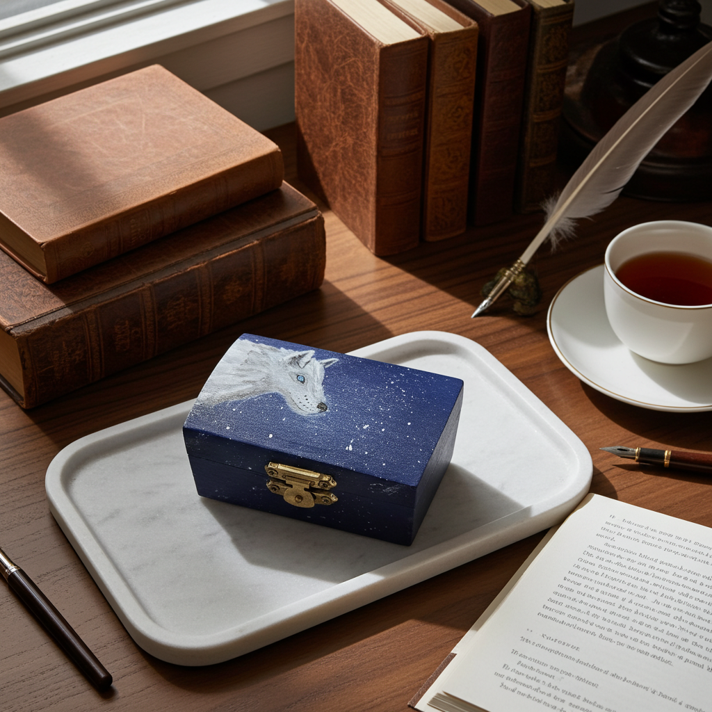 Hand-Painted Wooden Trinket Box | Enchanting Wolf Night Sky Keepsake Storage