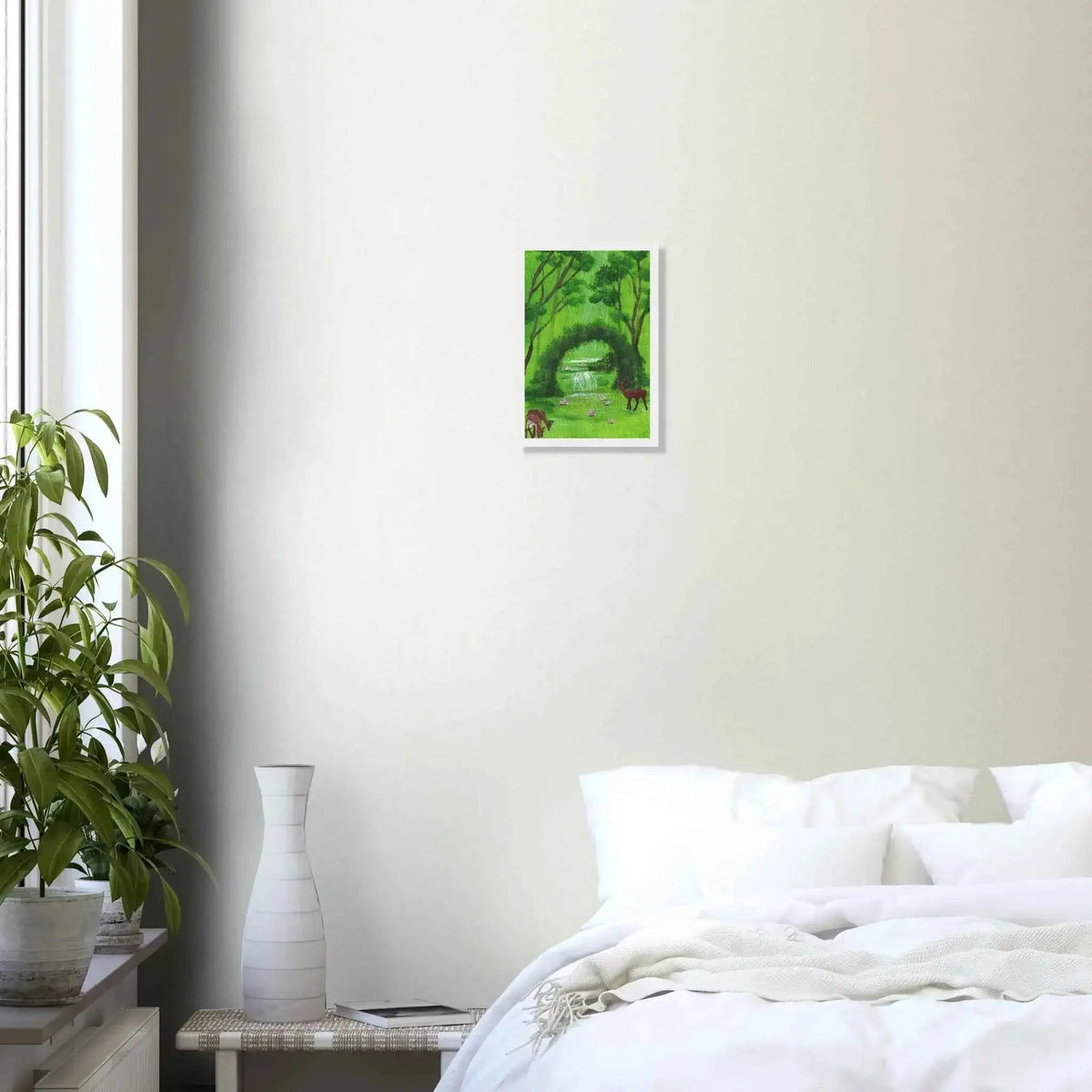 Green Woodland Waterfall and Deer Framed Fine Art Poster - Nature Inspired Wall Decor