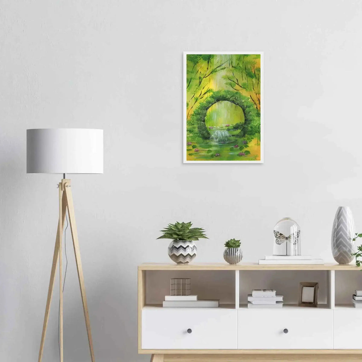 Green Woodland Waterfall Framed Fine Art Poster – Acrylic Landscape Print