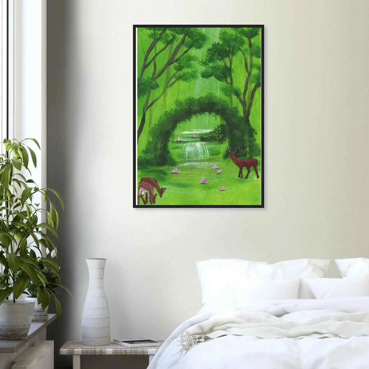 Green Woodland Waterfall and Deer Framed Fine Art Poster - Nature Inspired Wall Decor
