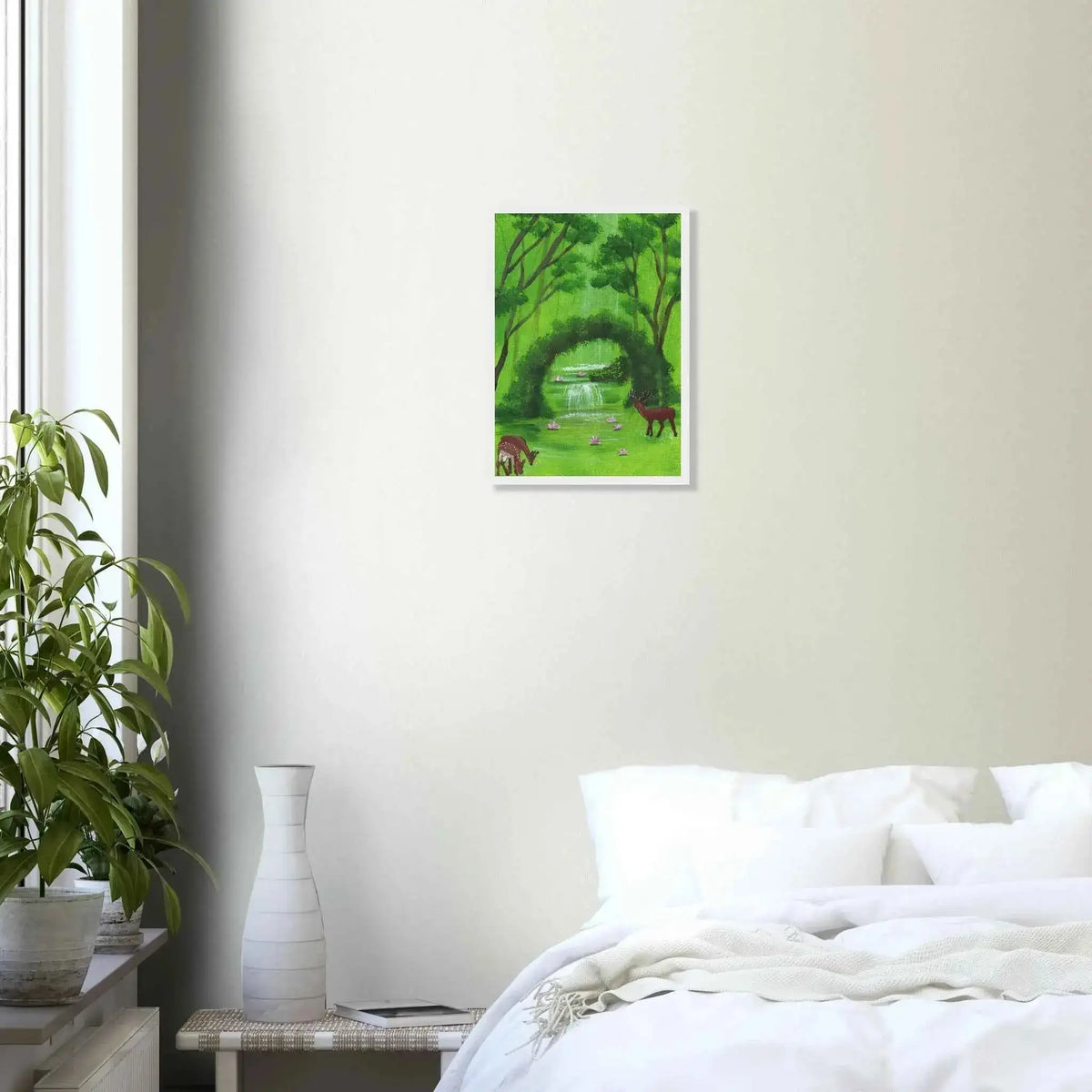 Green Woodland Waterfall and Deer Framed Fine Art Poster - Nature Inspired Wall Decor