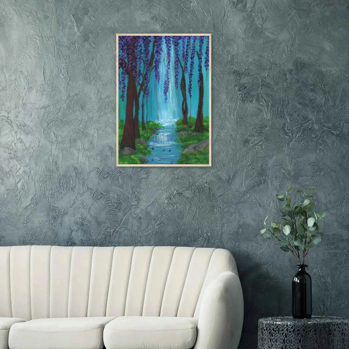 Whimsical Woodland Waterfall and Wisteria Fine Art Framed Poster