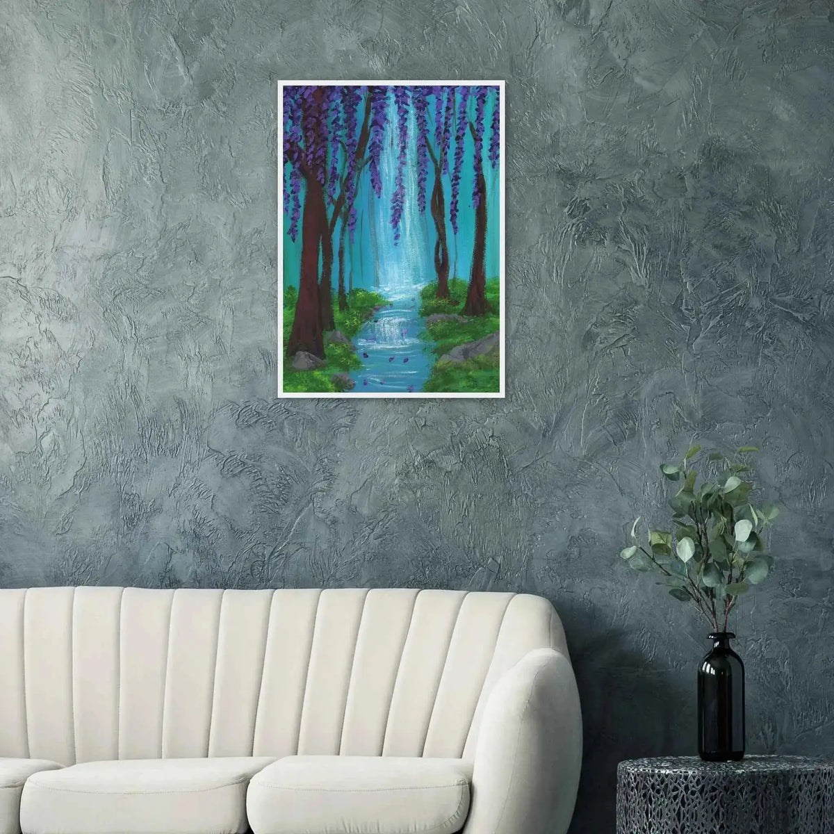 Whimsical Woodland Waterfall and Wisteria Fine Art Framed Poster