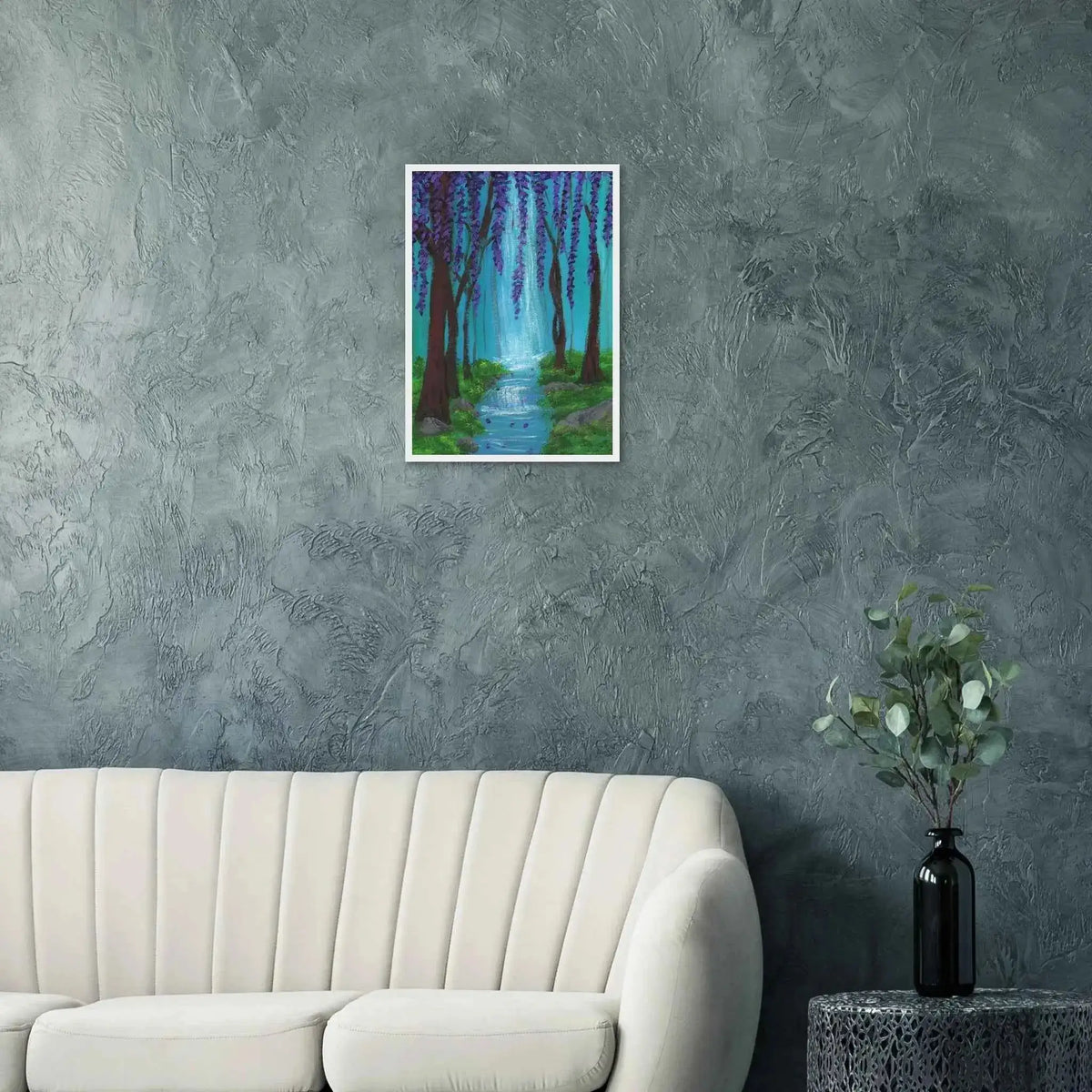 Whimsical Woodland Waterfall and Wisteria Fine Art Framed Poster